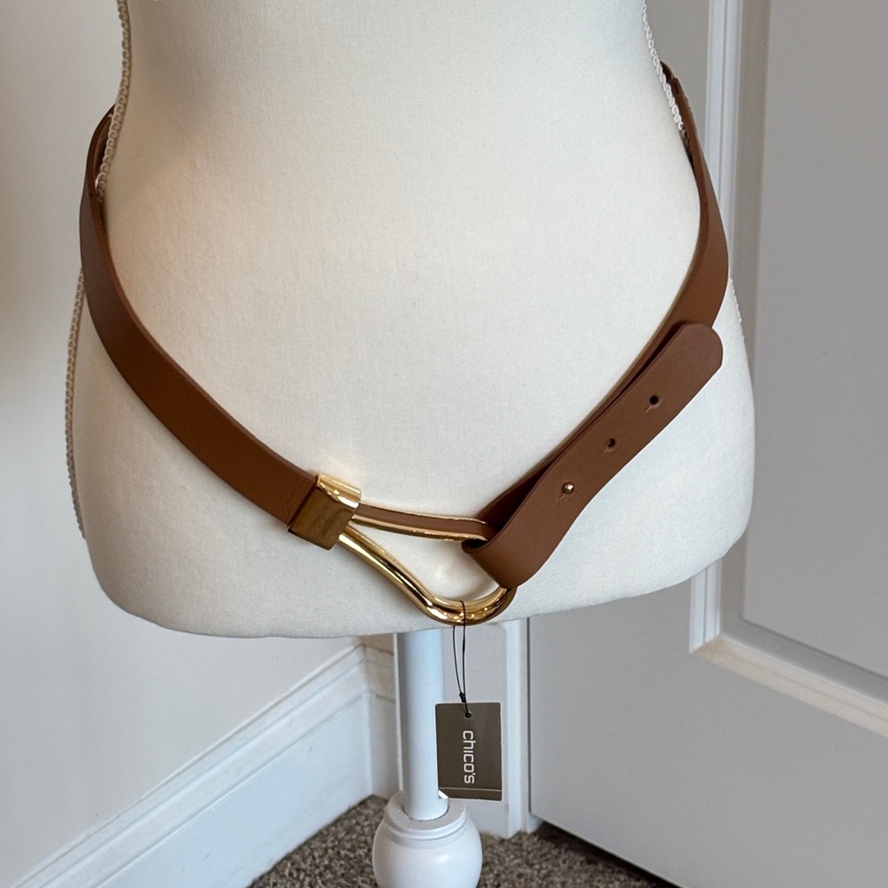 Chico's NWT Brown Leather Belt with Gold Hook Buckle
